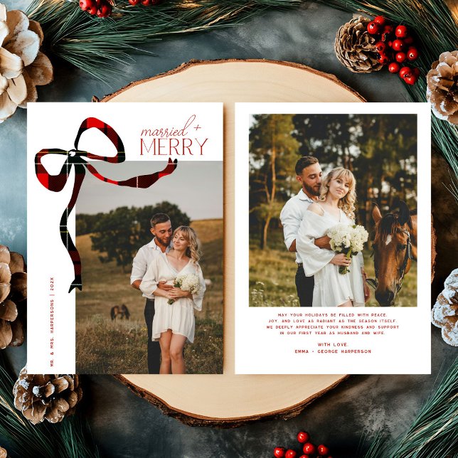 Merry & Married Script Photo Christmas Tartan Bow  Holiday Card (Creator Uploaded)