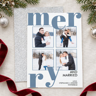 Merry & Married Slate Blue Silver 4 Photo Collage Holiday Card