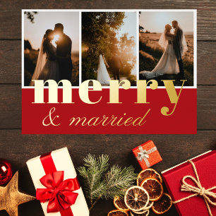 Merry & Married Three Photo Collage Red White Foil Holiday Card