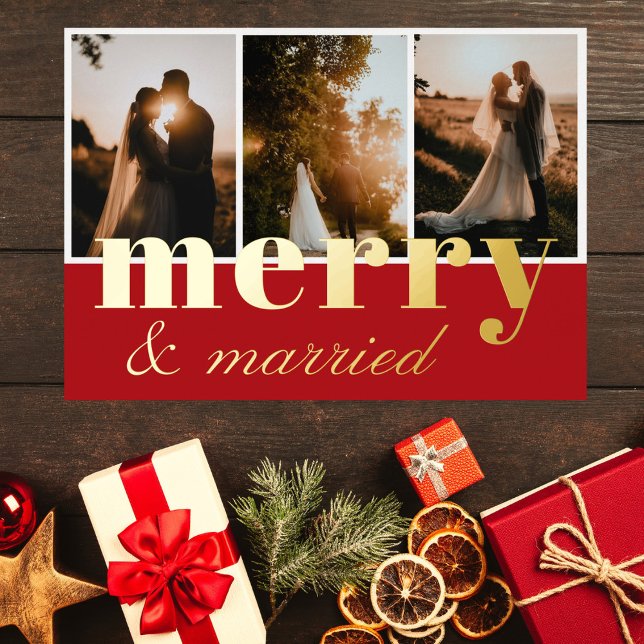 Merry & Married Three Photo Collage Red White Foil Holiday Card (Creator Uploaded)