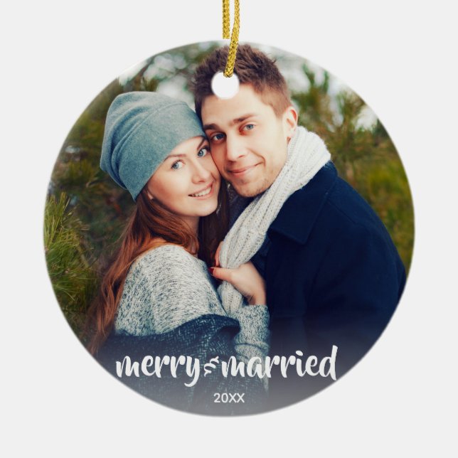 Merry & Married Trendy Photo Holiday Christmas Ceramic Ornament (Front)
