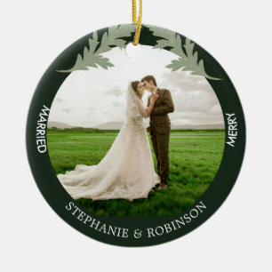 Merry Married Watercolor Photo Green  Ceramic Ornament