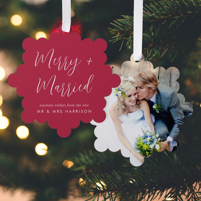 Merry Married Wedding Photo Christmas Holiday Tree Decoration Card (A beautiful & unique way to announce your marriage this holiday season)