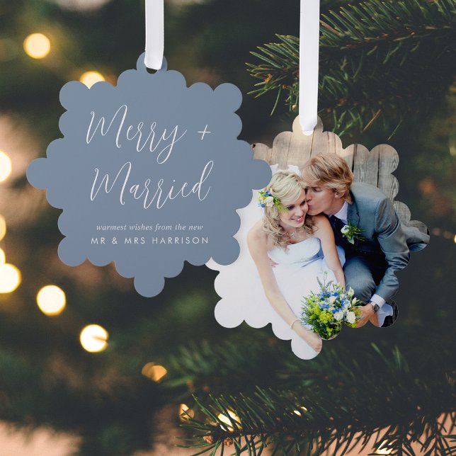Merry Married Wedding Photo Dusty Blue Christmas Tree Decoration Card (A beautiful & unique way to announce your marriage this holiday season)