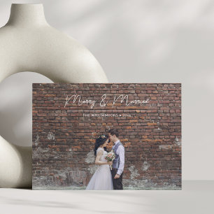 Merry Married White Script Overlay Wedding Photo Holiday Card