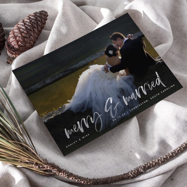 Merry Married White Script Photo Holiday Postcard (Merry & Married! Share Our Christmas Wedding Joy )