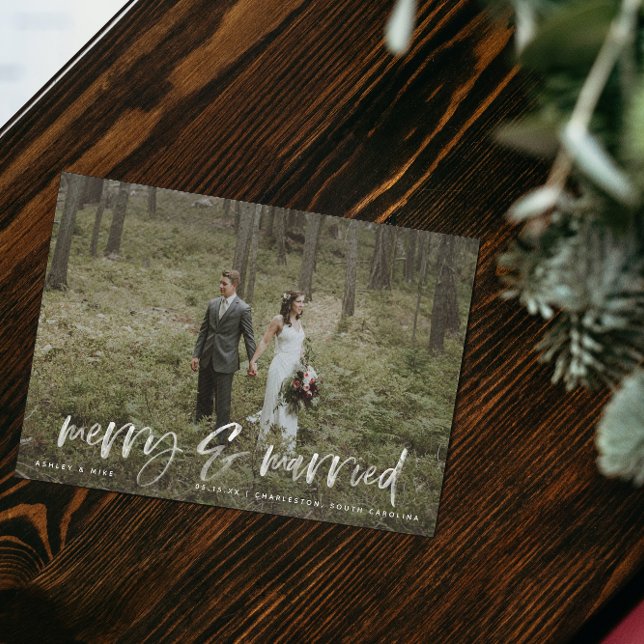 Merry & Married White Script Photo Thanks Postcard (Merry &  Married! Share Our Christmas Wedding Joy 🎄💒 [Your Info Here])
