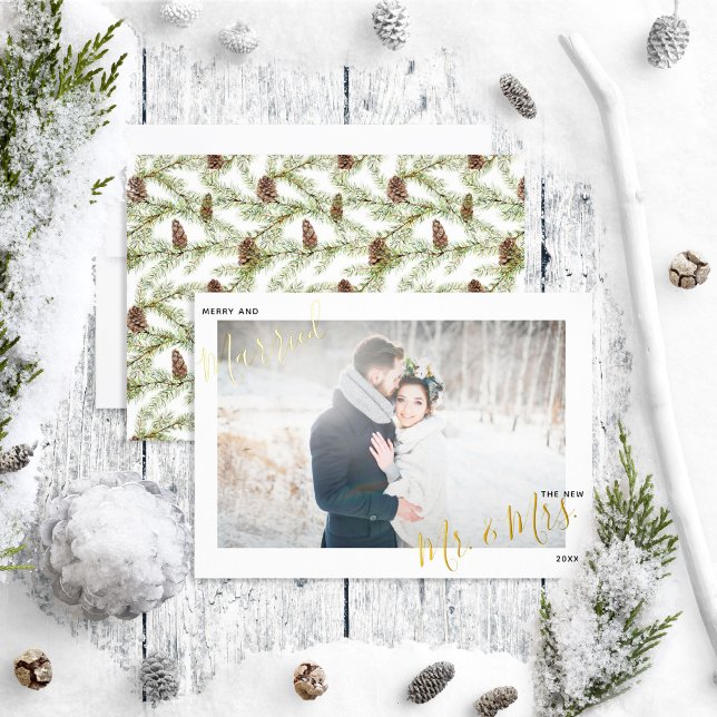 Merry & Married Winter Fir Cone Wedding Photo Foil Holiday Card (Creator Uploaded)