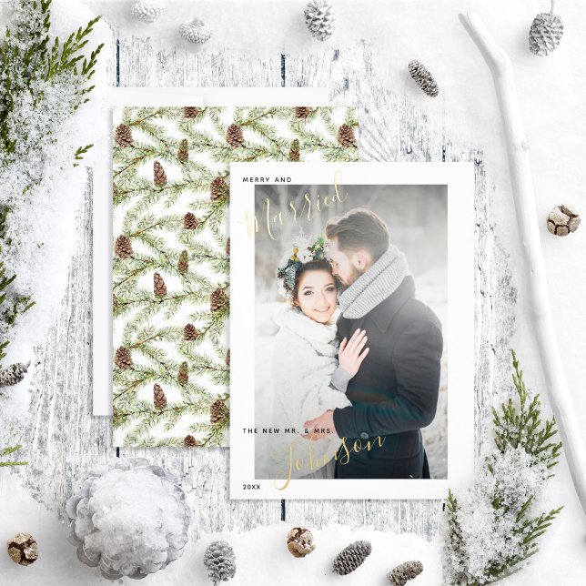 Merry & Married Winter Fir Cone Wedding Photo Foil Holiday Card (Creator Uploaded)