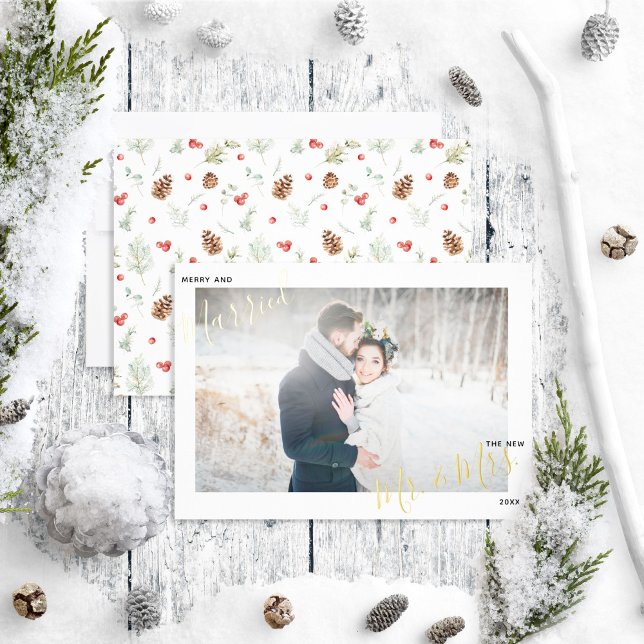 Merry & Married Winter Pine Berry Wedding Photo  Foil Holiday Card (Creator Uploaded)