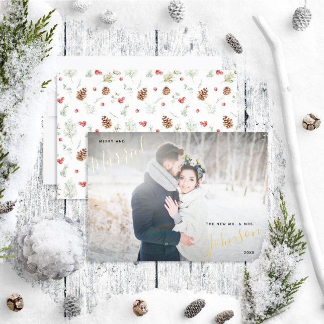 Merry & Married Winter Pine Berry Wedding Photo Foil Holiday Card (Creator Uploaded)