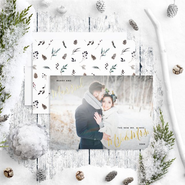 Merry & Married Winter Pinecone Wedding Photo Foil Holiday Card (Creator Uploaded)