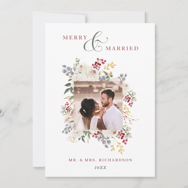 Merry & Married Winter Roses & Berries Photo Holiday Card (Front)