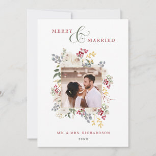 Merry & Married Winter Roses & Berries Photo Holiday Card