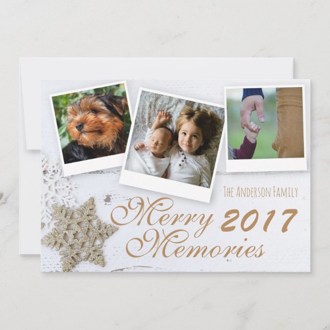 Merry Memories 3 Family Photo Rustic Snowflakes Holiday Card (Front)