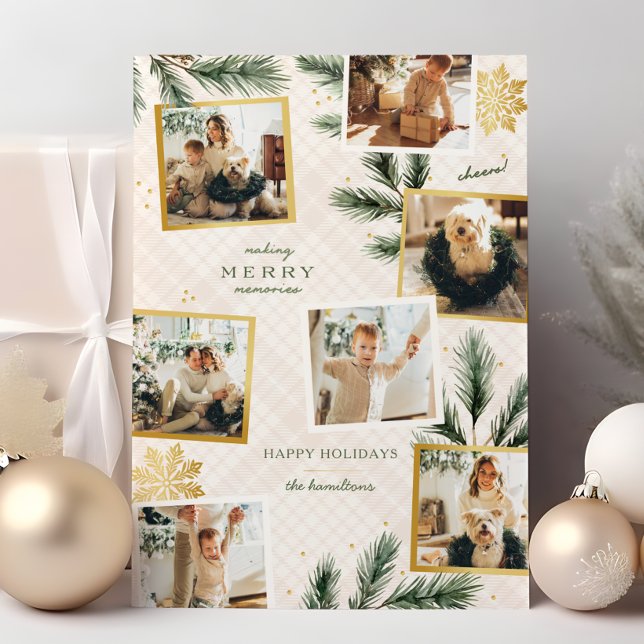 Merry Memories 7 photo Christmas Card (Making merry memories 5x7 photo collage holiday card. Pine and gold snowflake accents. 7 photo )