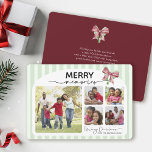 Merry Memories Photo Collage Bow Christmas Holiday Card<br><div class="desc">This horizontal Christmas card features a joyful and heartwarming collage of family photos framed within a soft, light green striped border. At the top, the phrase “MERRY memories” is prominently displayed, blending a bold, festive font with elegant script. A pink and green ribbon bow adds a cheerful holiday touch in...</div>