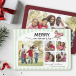 Merry Memories Photo Collage Bow Christmas Holiday Card<br><div class="desc">This horizontal Christmas card features a joyful and heartwarming collage of family photos framed within a soft, light green striped border. At the top, the phrase “MERRY memories” is prominently displayed, blending a bold, festive font with elegant script. A pink and green ribbon bow adds a cheerful holiday touch in...</div>