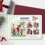 Merry Memories Photo Collage Bow Christmas Holiday Card<br><div class="desc">This horizontal Christmas card features a joyful and heartwarming collage of family photos framed within a soft, light green striped border. At the top, the phrase “MERRY memories” is prominently displayed, blending a bold, festive font with elegant script. A pink and green ribbon bow adds a cheerful holiday touch in...</div>