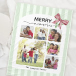 Merry Memories Photo Collage Christmas Fleece Blanket<br><div class="desc">This Christmas fleece blanket features a joyful and heartwarming collage of family photos with a soft green striped background. At the top, the phrase “MERRY memories” is prominently displayed, blending a bold, festive font with elegant calligraphy script. A red and green ribbon bow adds a cheerful holiday touch in the...</div>