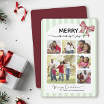 Merry Memories Photo Collage Message Bow Christmas Holiday Card<br><div class="desc">This Christmas card features a joyful and heartwarming collage of family photos framed within a soft, light green striped border. At the top, the phrase “MERRY memories” is prominently displayed, blending a bold, festive font with elegant script. A red and green ribbon bow adds a cheerful holiday touch in the...</div>