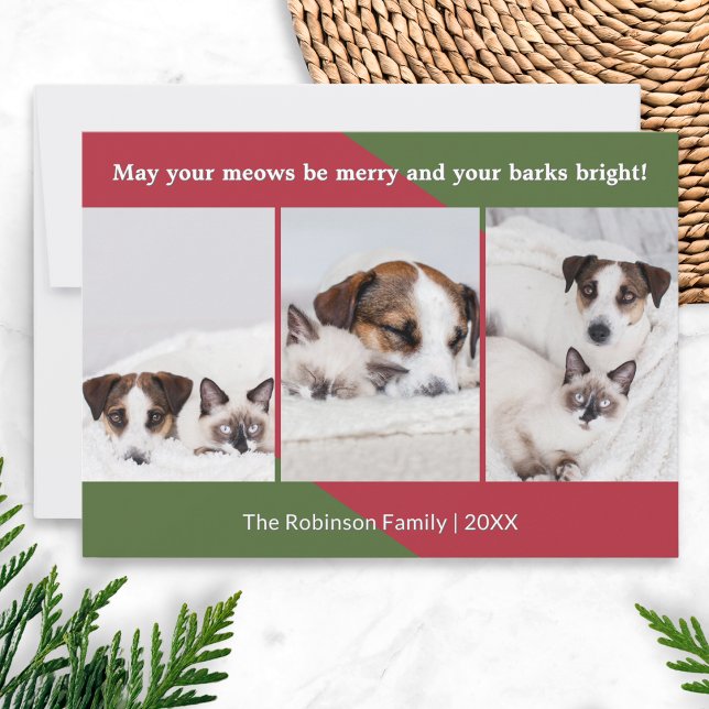 Merry Meows Funny Dog Cat Photo Christmas Holiday Card (A funny Christmas card with a dogs and cats themed quote, to personalize with 3 of your own photos)
