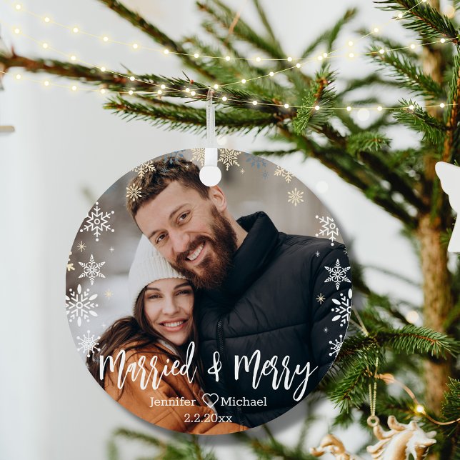 merry&merried christmas snowflakes couple photo  metal tree decoration (Creator Uploaded)