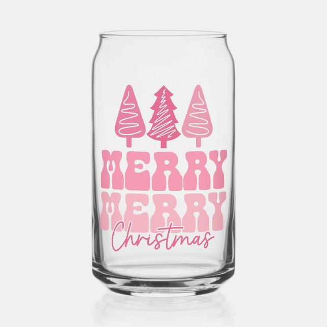 Merry Merry Christmas - Pink Holiday Design Can Glass (Front)