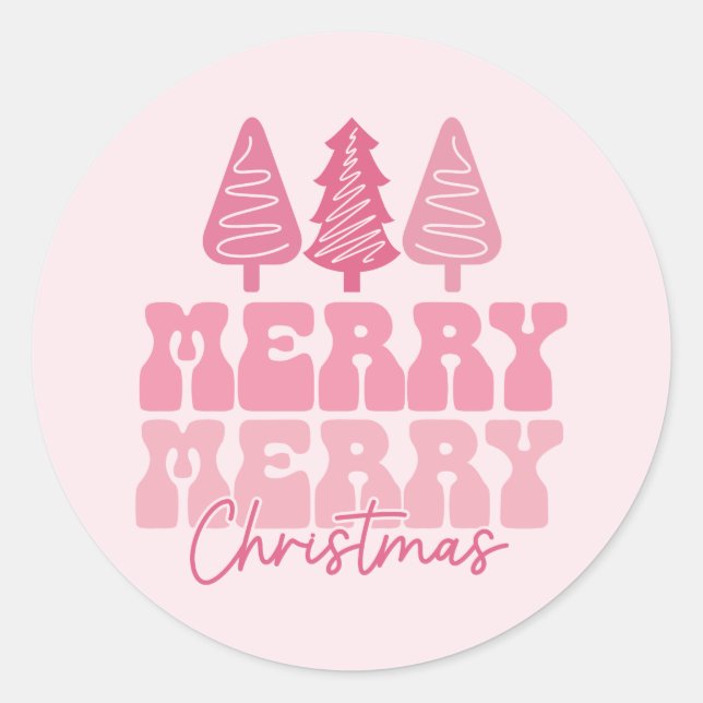 Merry Merry Christmas - Pink Holiday Design Classic Round Sticker (Front)
