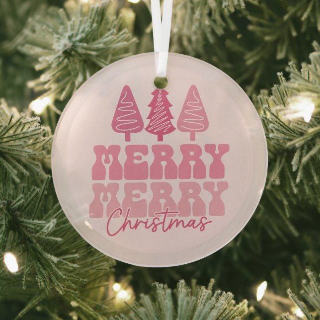Merry Merry Christmas - Pink Holiday Design Glass Tree Decoration (Insitu)