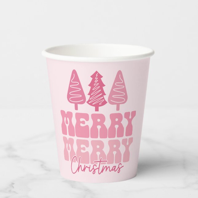Merry Merry Christmas - Pink Holiday Design Paper Cups (Front)