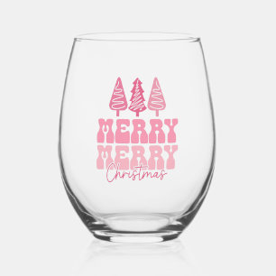 Merry Merry Christmas - Pink Holiday Design Stemless Wine Glass