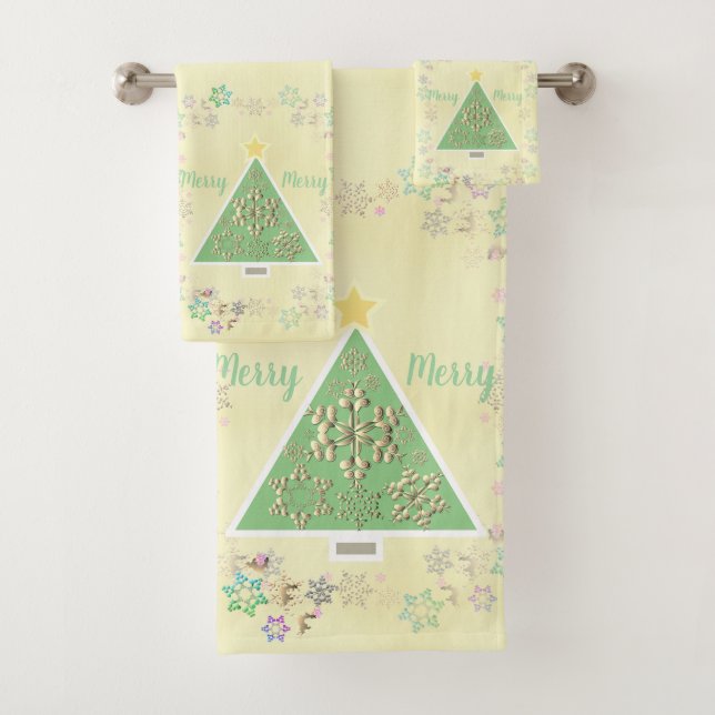 "Merry Merry" Christmas Tree & Snowflakes  Bath Towel Set (Insitu)