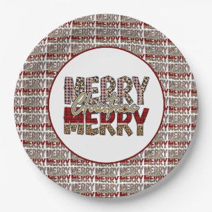 Merry Merry Christmas with leopard and plaid print Paper Plate