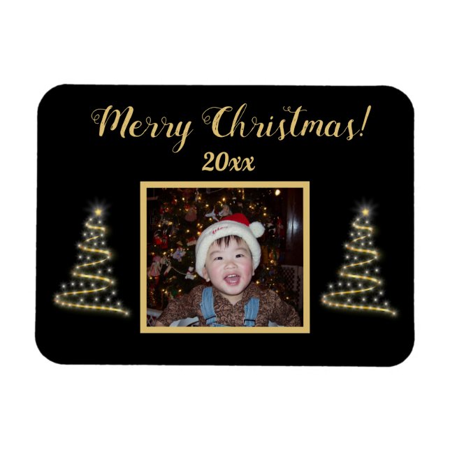 Merry! Merry! ~ Gold Christmas Tree ~ Family Photo Magnet (Horizontal)