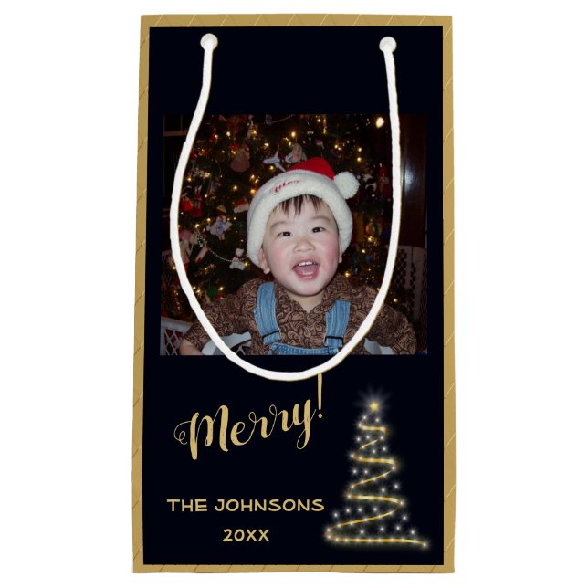 Merry! Merry! ~ Gold Christmas Tree Small Gift Bag (Front)