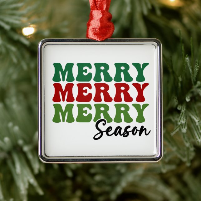 Merry Merry Merry Season - Retro Holiday Art Metal Ornament (Tree)