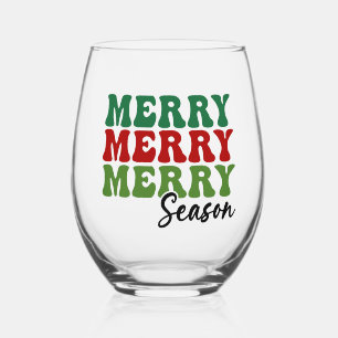 Merry Merry Merry Season - Retro Holiday Art Stemless Wine Glass