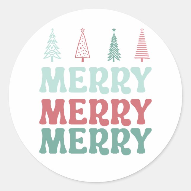Merry Merry Merry with Pastel Boho Christmas Trees Classic Round Sticker (Front)