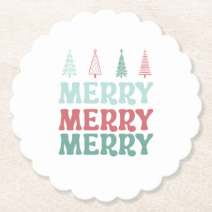 Merry Merry Merry with Pastel Boho Christmas Trees Paper Coaster