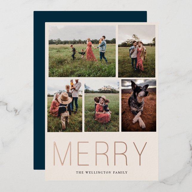 Merry Minimalist 5 Photo Foil Holiday Card (Front/Back)