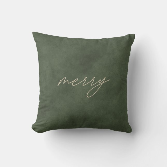Merry • Minimalist Dusty Green Velvet Christmas  Cushion (Front)