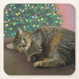 Merry Mischief - Christmas Kitty    Square Paper Coaster