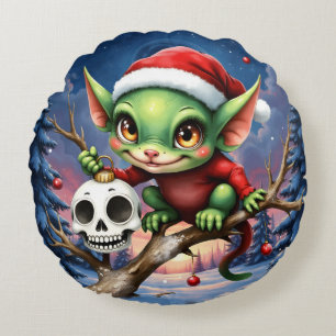 Merry Mischief – The Little Christmas Elf. Round Cushion