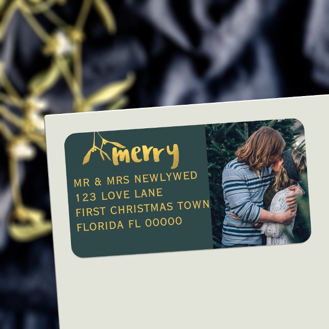 Merry Mistletoe Holiday Photo Christmas Address Label (A festive green and gold holiday address label where you can upload your photo and add your details)