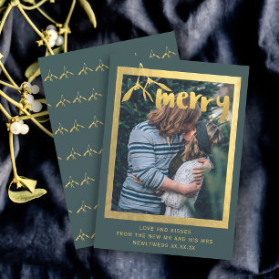 Merry Mistletoe Photo Green Faux Gold Holiday Card