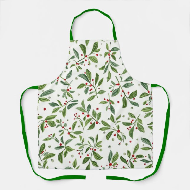 Merry Mistletoe Red Berry Watercolor Christmas Apron (Front)