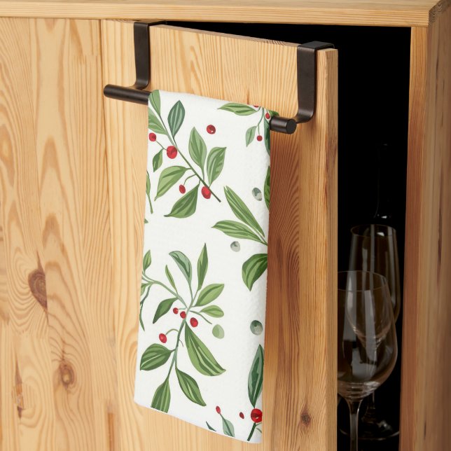 Merry Mistletoe Red Berry Watercolor Christmas Tea Towel (Thirds Fold)