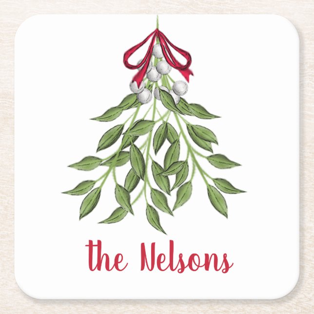 Merry Mistletoe White Berries Square Paper Coaster (Front)