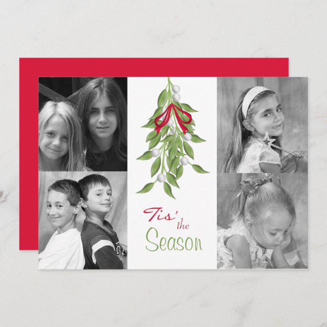 Merry Mistletoe with Red Bow Holiday Photo Card (Front/Back)
